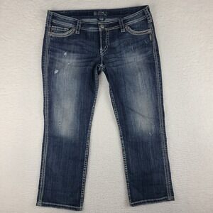 Silver Jeans Womens 32 Blue Twisted Capri Dark‎ Wash Distress Denim *